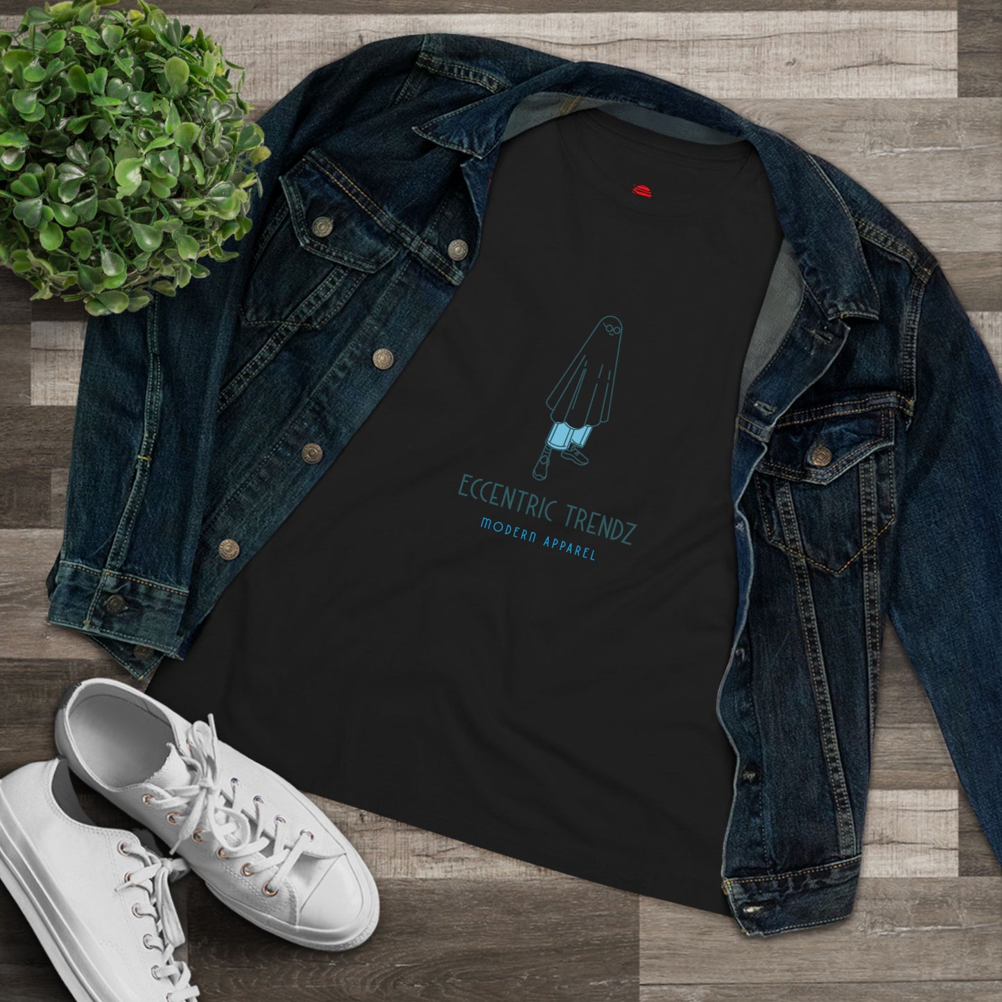 Eccentric Trendz Ladies' V-Neck Minimal Blue Ghost Graphic Tee