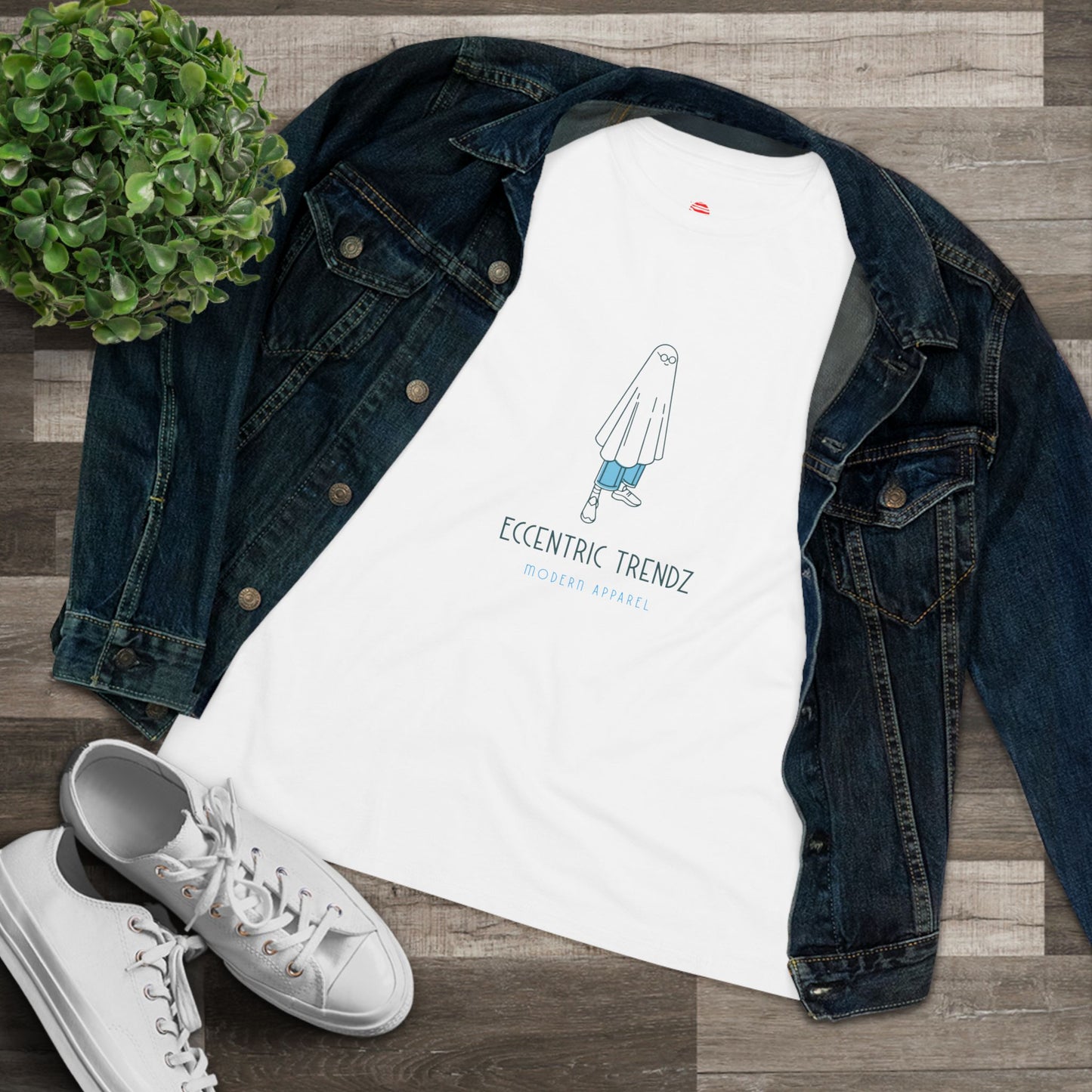 Eccentric Trendz Ladies' V-Neck Minimal Blue Ghost Graphic Tee