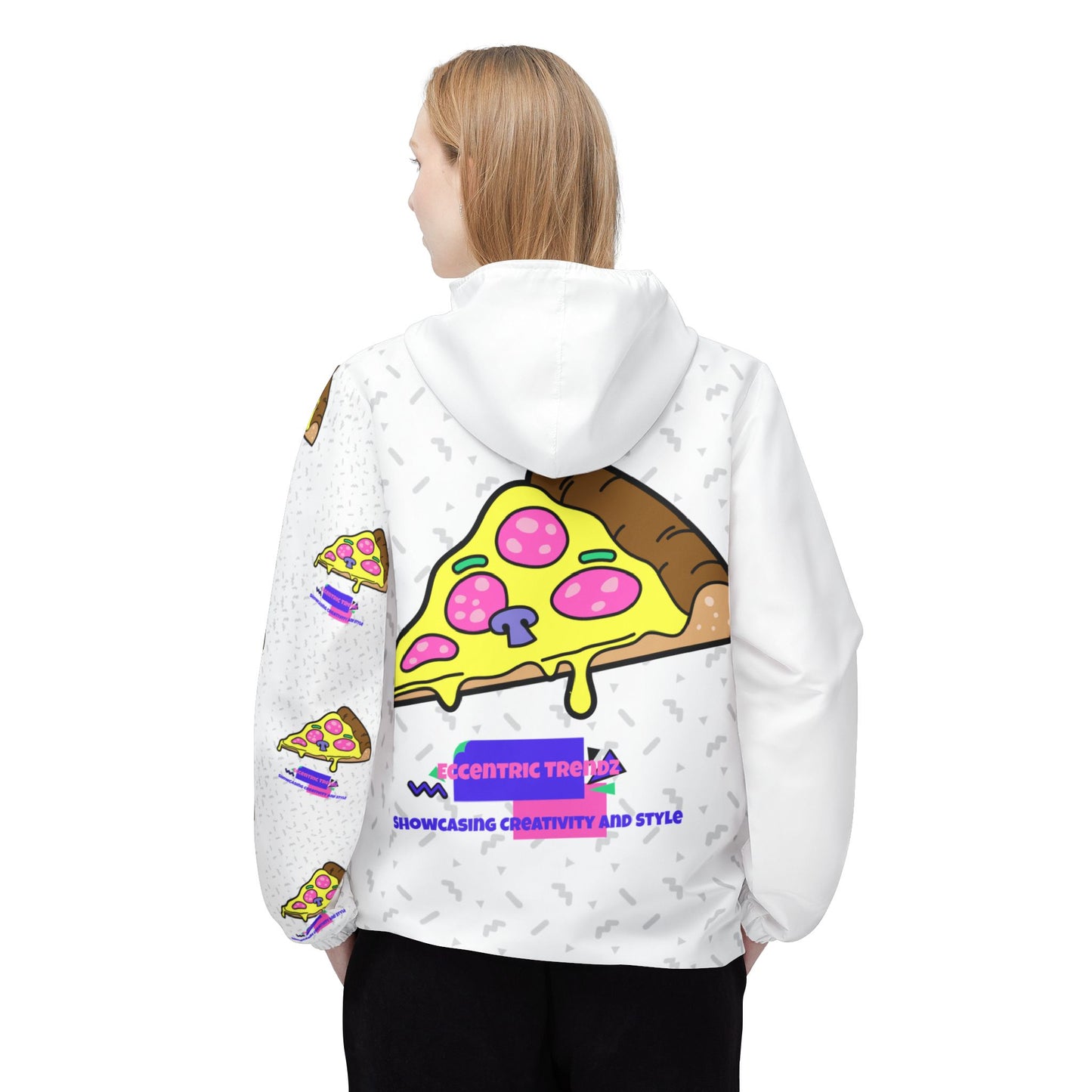 Eccentric Trendz Hooded Retro Pixel Pizza Design Windbreaker