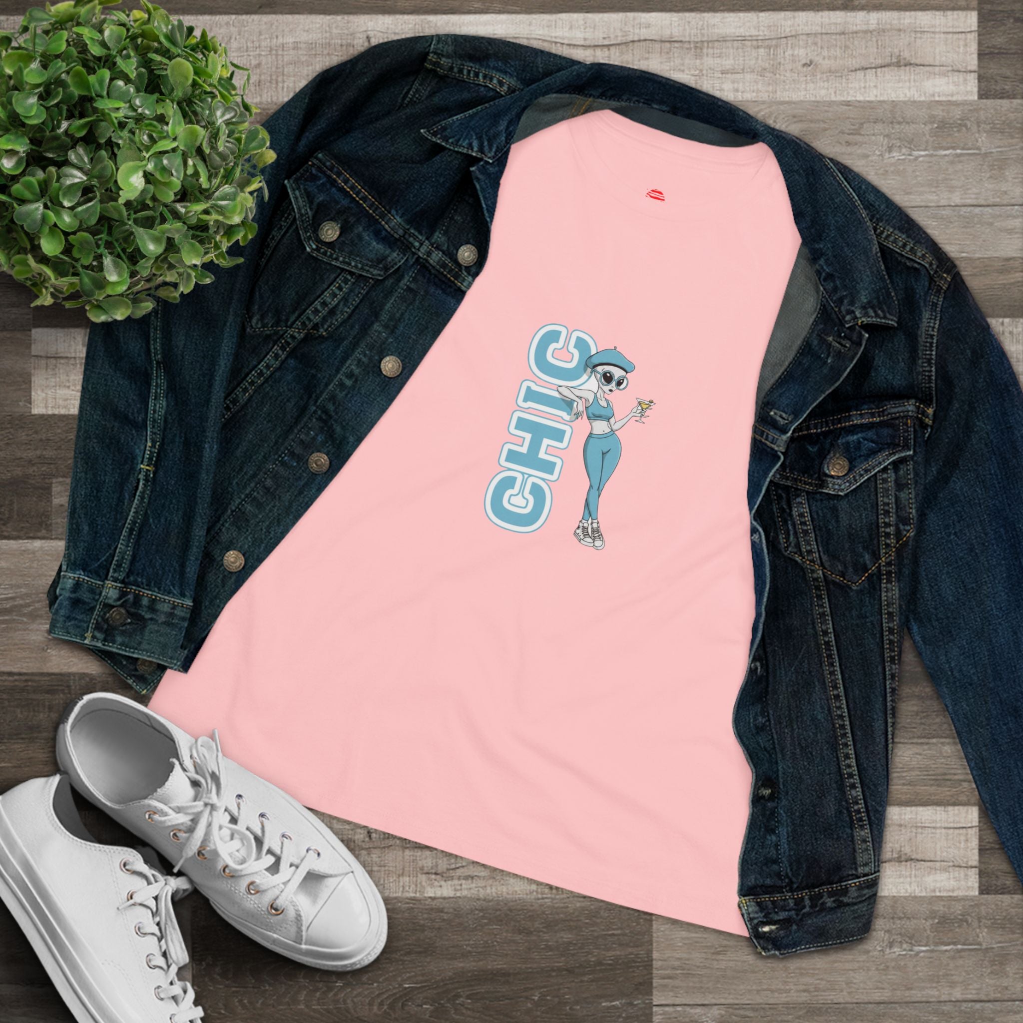 Eccentric Trendz Ladies' V-Neck Minimal Light Blue "CHIC" Graphic Tee