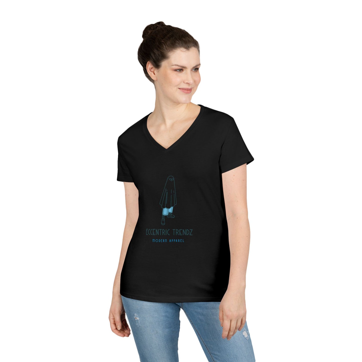 Eccentric Trendz Ladies' V-Neck Minimal Blue Ghost Graphic Tee