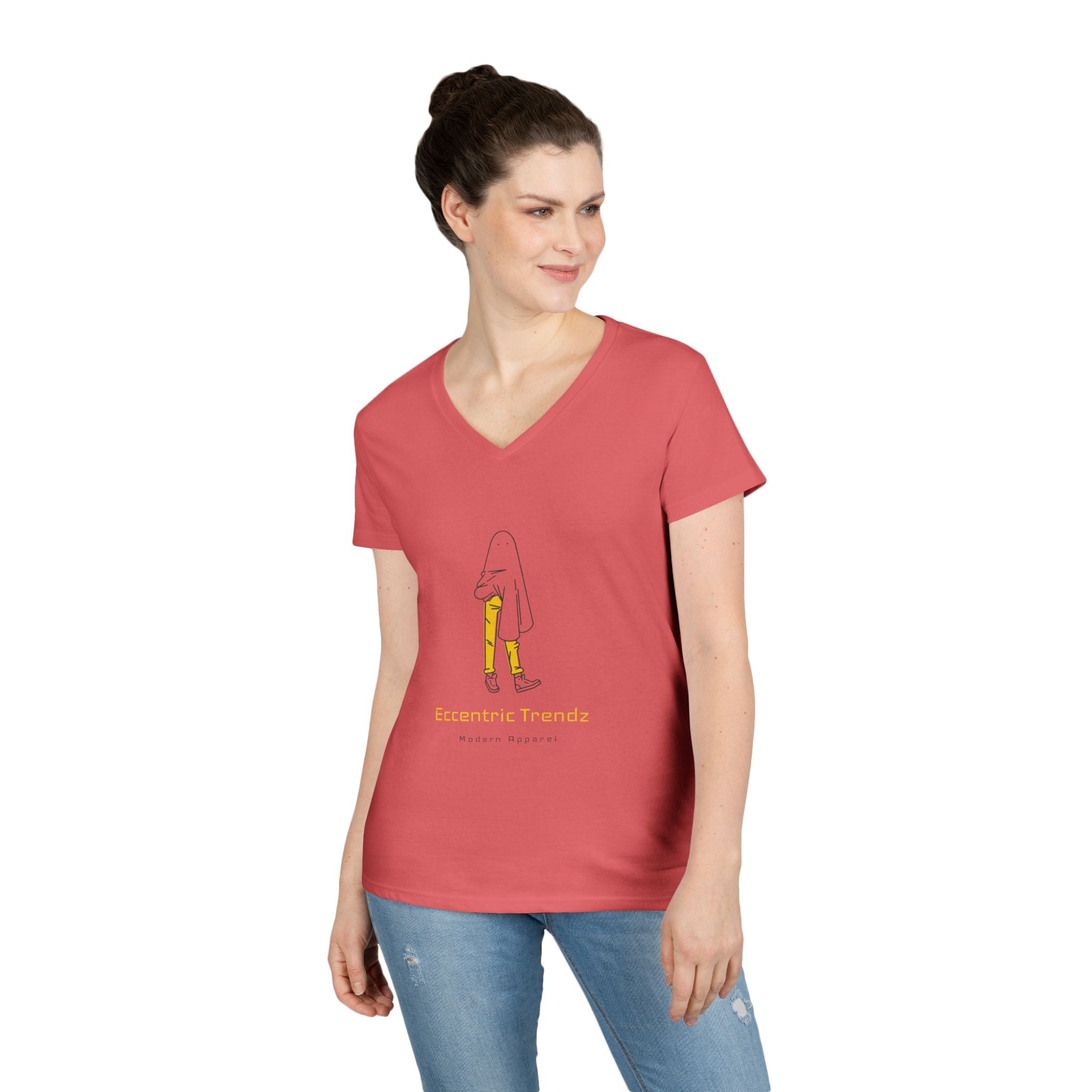 Eccentric Trendz Ladies' V-Neck Minimal Yellow Ghost Graphic Tee