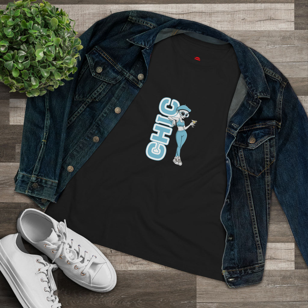 Eccentric Trendz Ladies' V-Neck Minimal Light Blue "CHIC" Graphic Tee