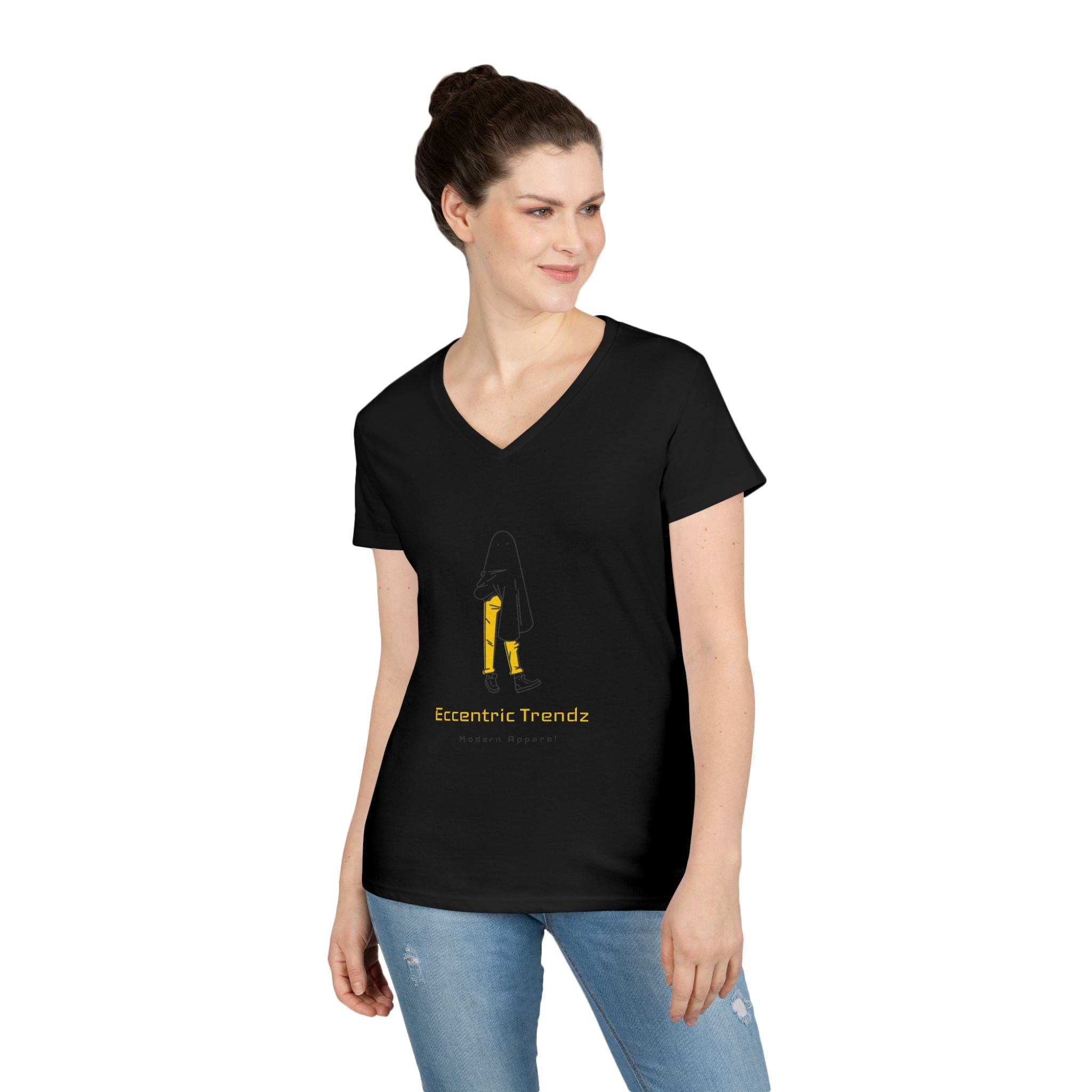Eccentric Trendz Ladies' V-Neck Minimal Yellow Ghost Graphic Tee