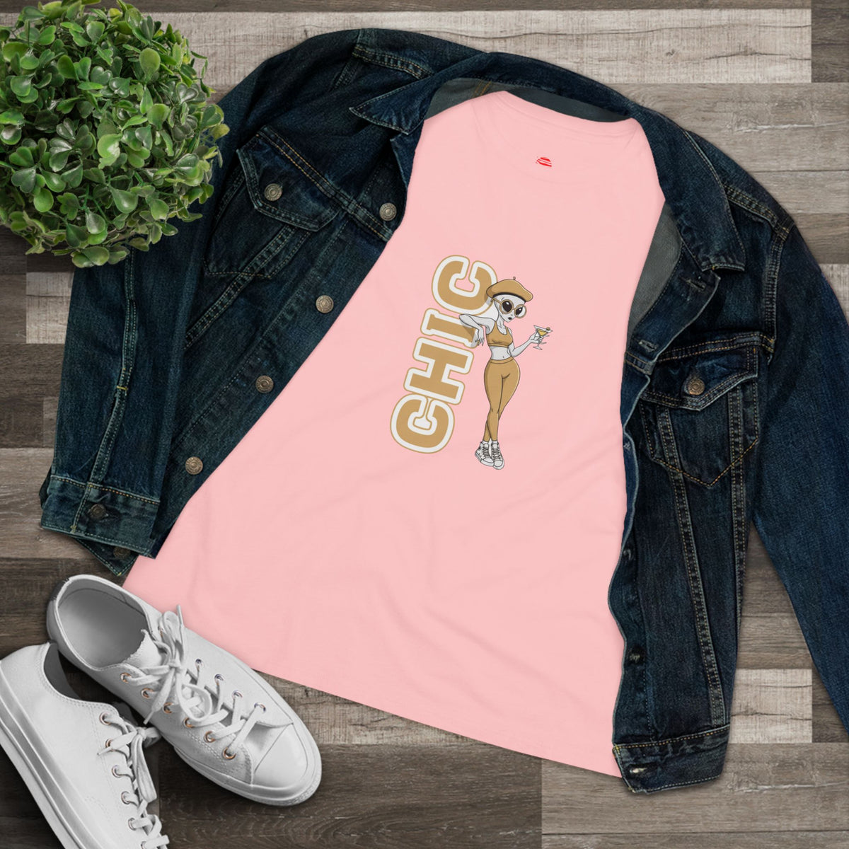 Eccentric Trendz Ladies' V-Neck Minimal Tan "CHIC" Graphic Tee
