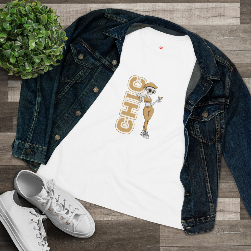 Eccentric Trendz Ladies' V-Neck Minimal Tan "CHIC" Graphic Tee