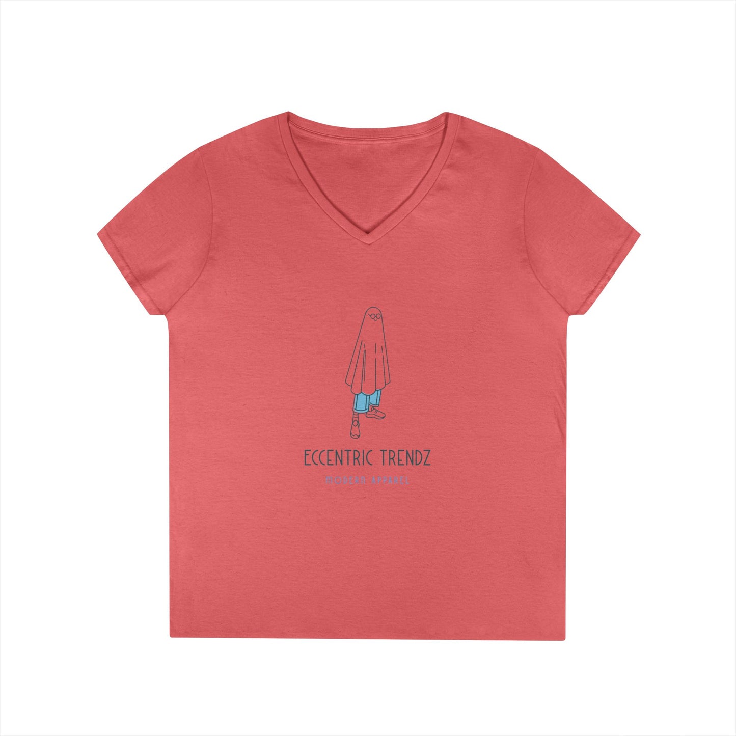 Eccentric Trendz Ladies' V-Neck Minimal Blue Ghost Graphic Tee