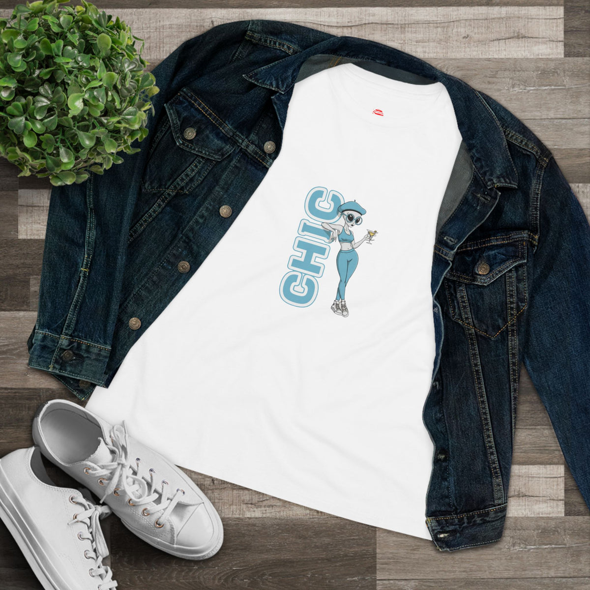 Eccentric Trendz Ladies' V-Neck Minimal Light Blue "CHIC" Graphic Tee