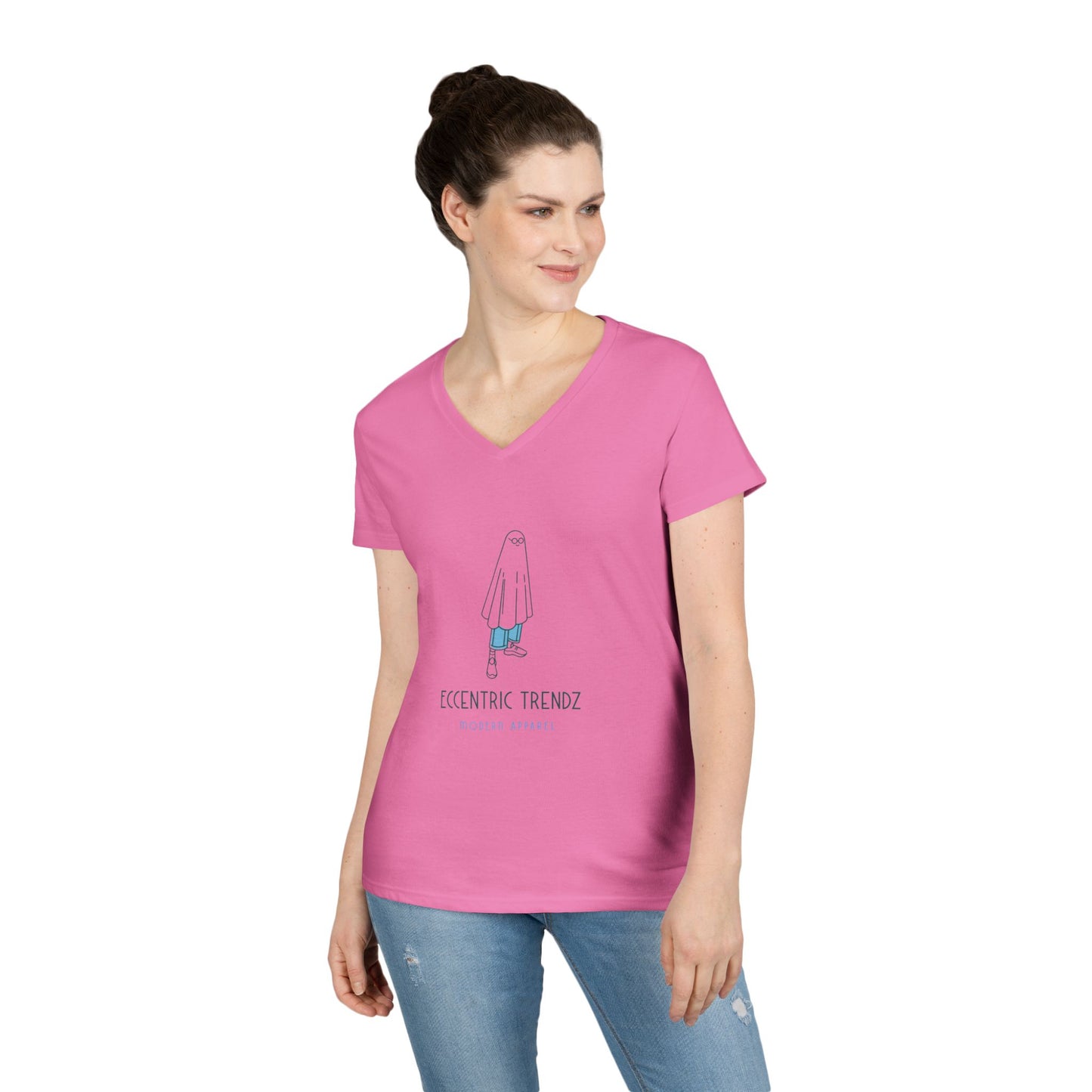 Eccentric Trendz Ladies' V-Neck Minimal Blue Ghost Graphic Tee