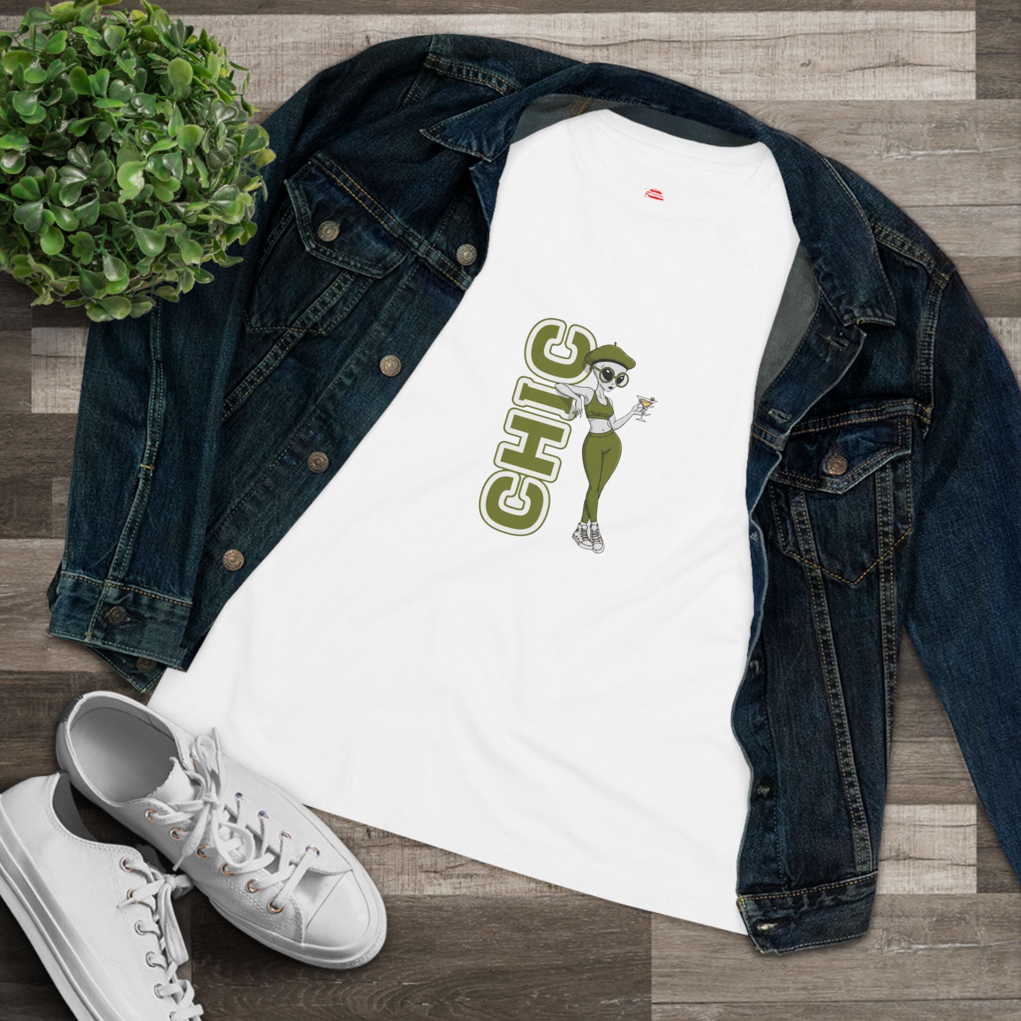 Eccentric Trendz Ladies' V-Neck Minimal Green "CHIC" Graphic Tee