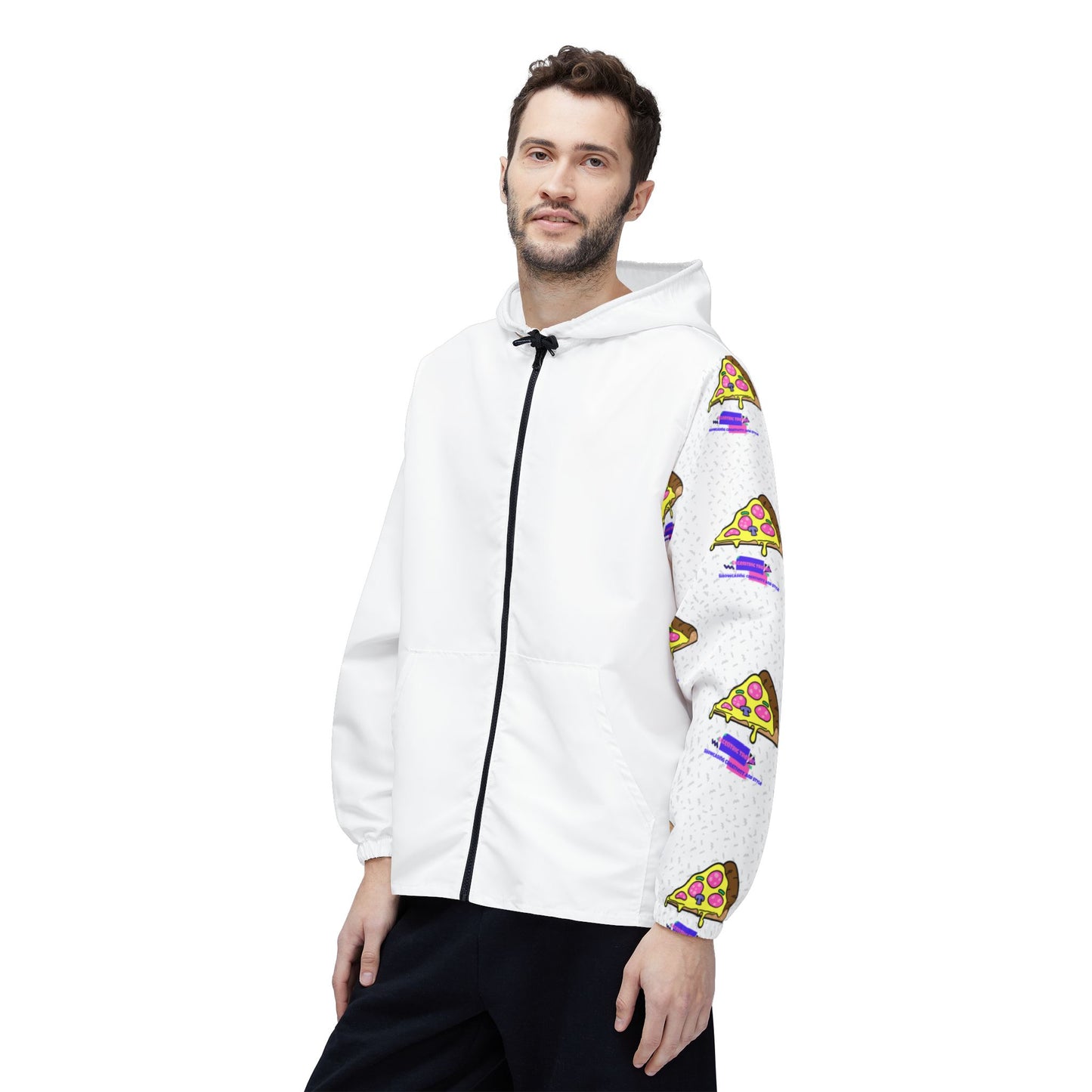 Eccentric Trendz Hooded Retro Pixel Pizza Design Windbreaker