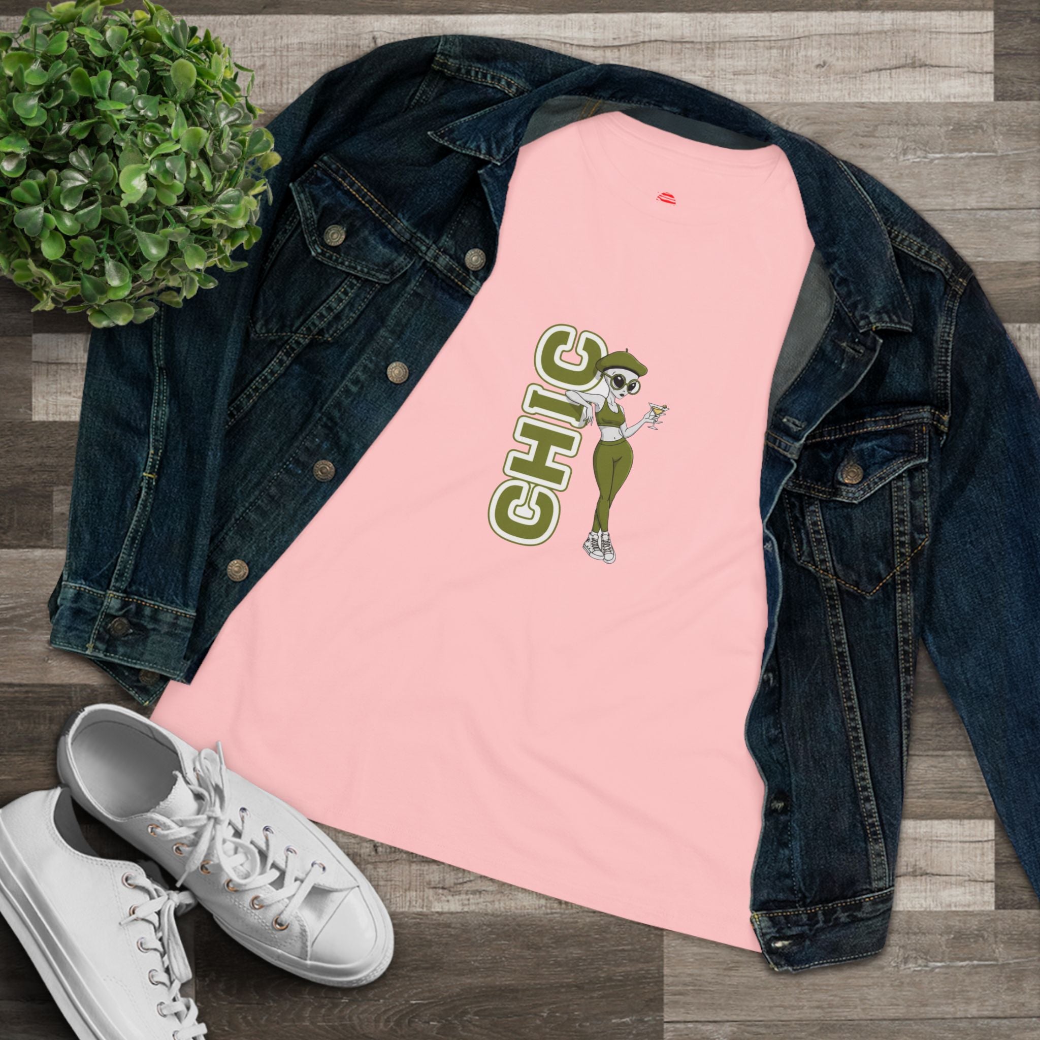 Eccentric Trendz Ladies' V-Neck Minimal Green "CHIC" Graphic Tee