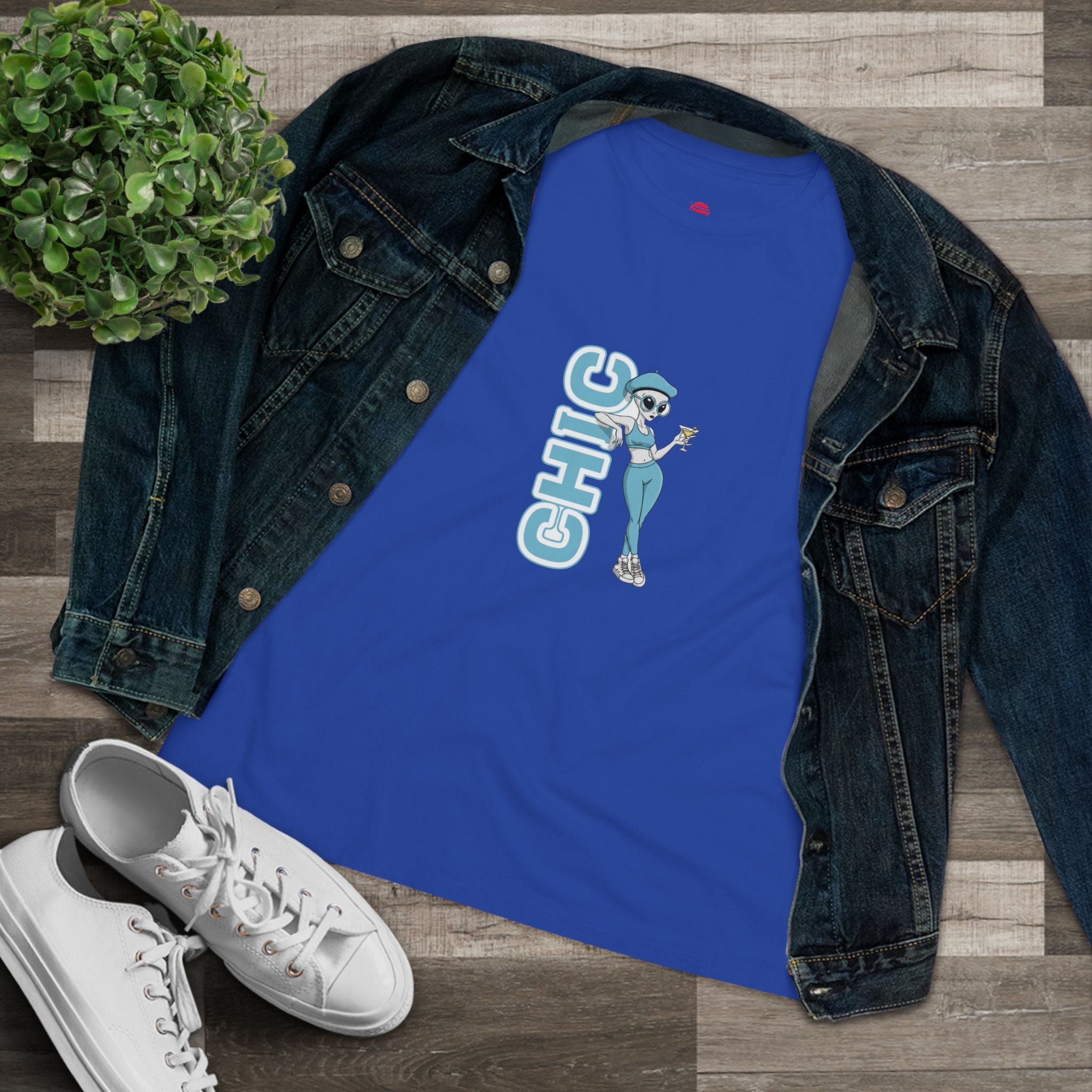 Eccentric Trendz Ladies' V-Neck Minimal Light Blue "CHIC" Graphic Tee