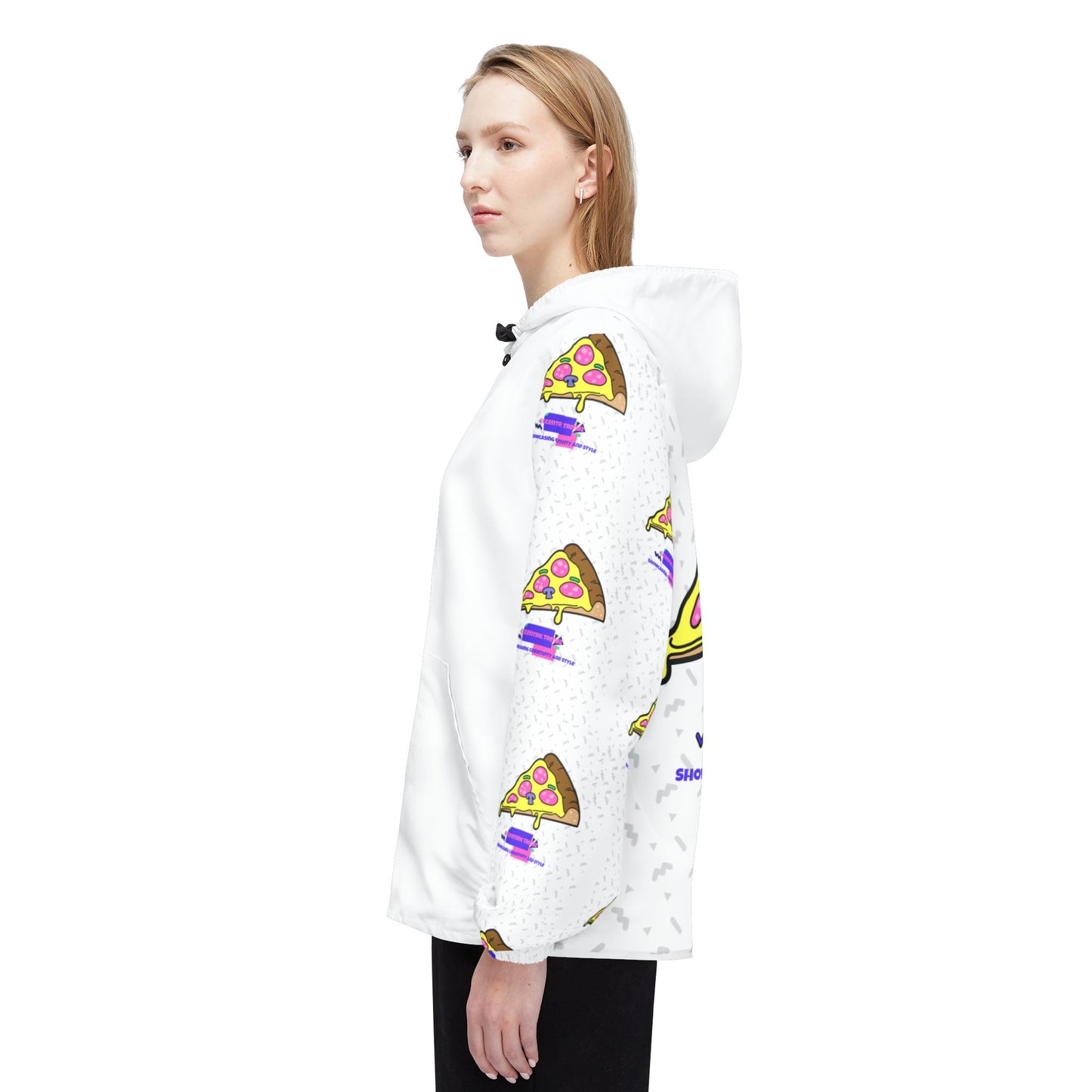 Eccentric Trendz Hooded Retro Pixel Pizza Design Windbreaker