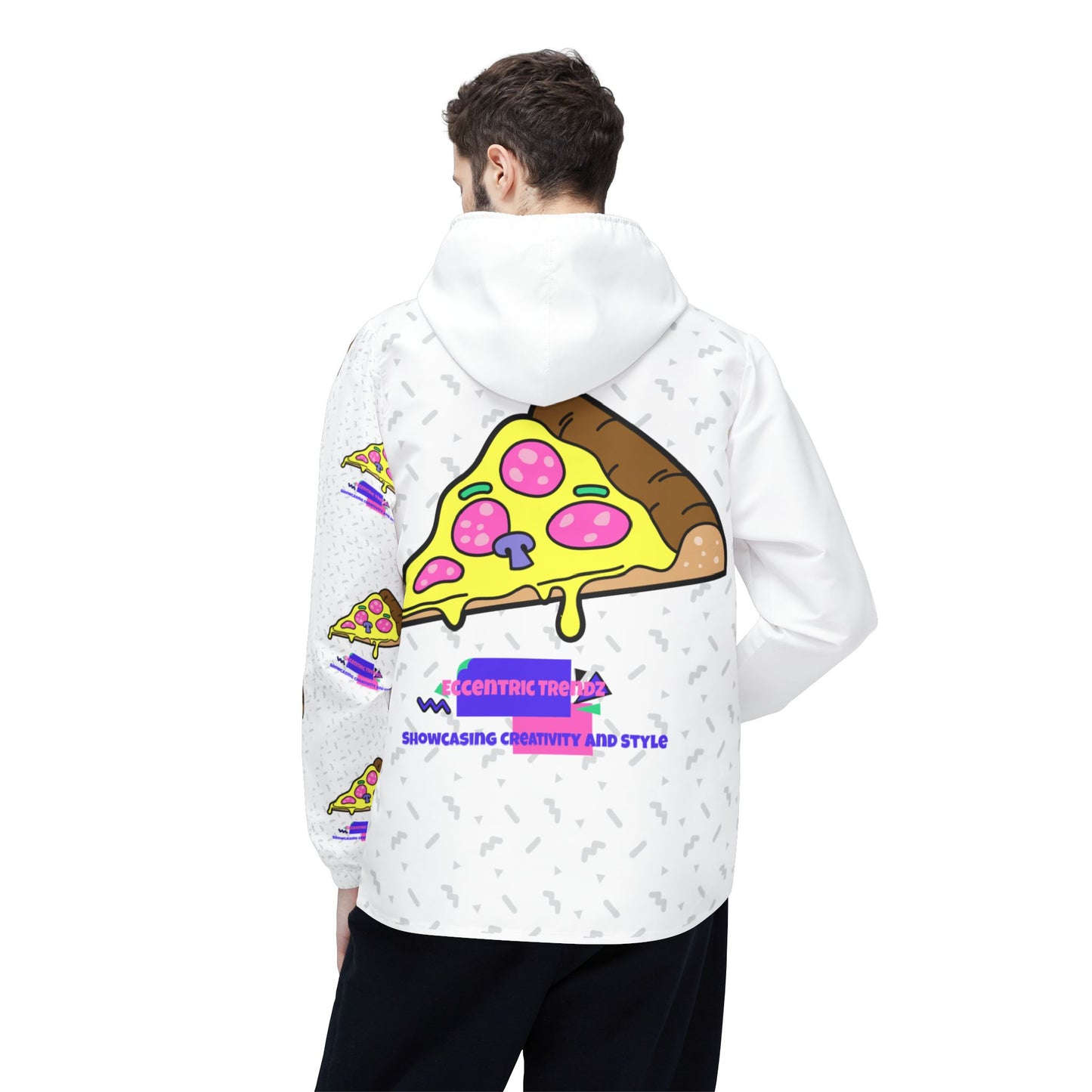 Eccentric Trendz Hooded Retro Pixel Pizza Design Windbreaker