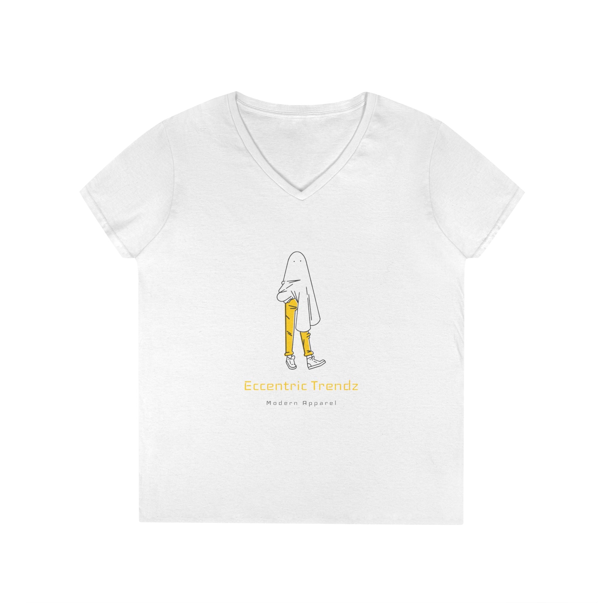 Eccentric Trendz Ladies' V-Neck Minimal Yellow Ghost Graphic Tee