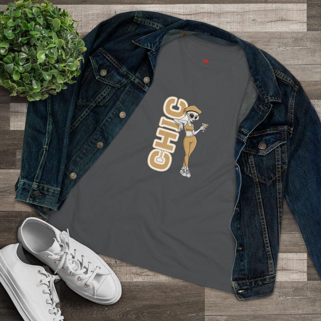 Eccentric Trendz Ladies' V-Neck Minimal Tan "CHIC" Graphic Tee