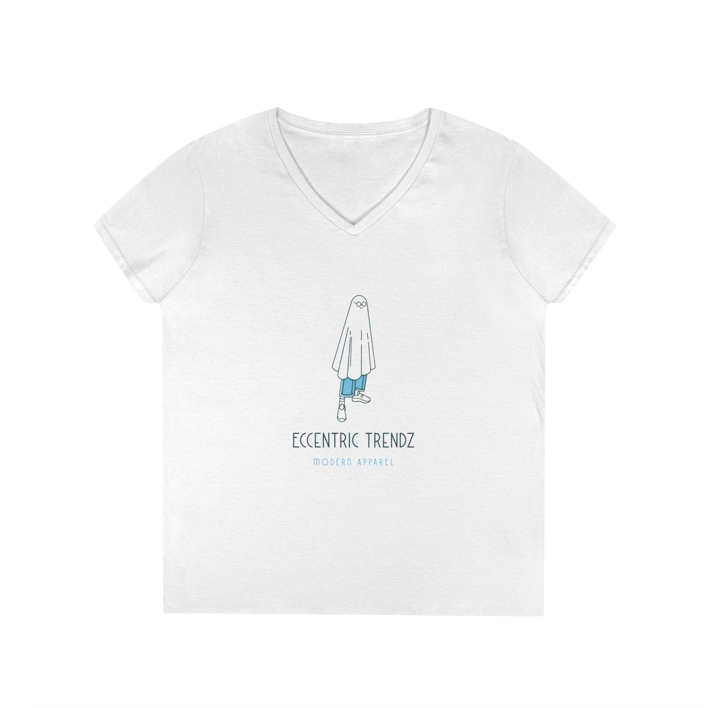 Eccentric Trendz Ladies' V-Neck Minimal Blue Ghost Graphic Tee