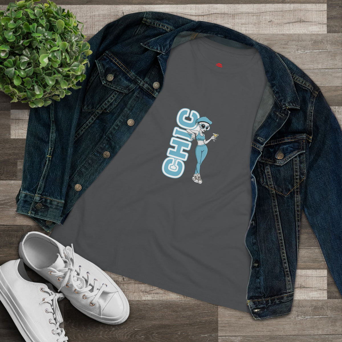 Eccentric Trendz Ladies' V-Neck Minimal Light Blue "CHIC" Graphic Tee