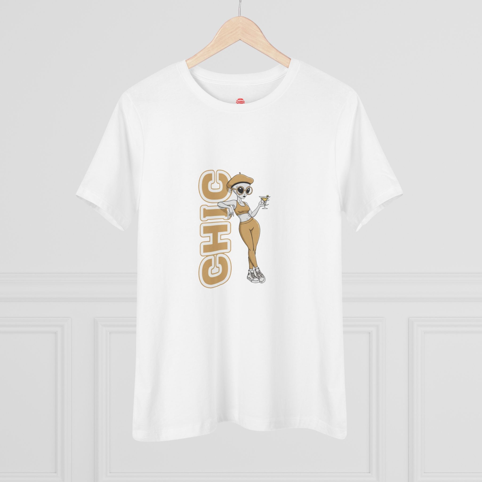 Eccentric Trendz Ladies' V-Neck Minimal Tan "CHIC" Graphic Tee
